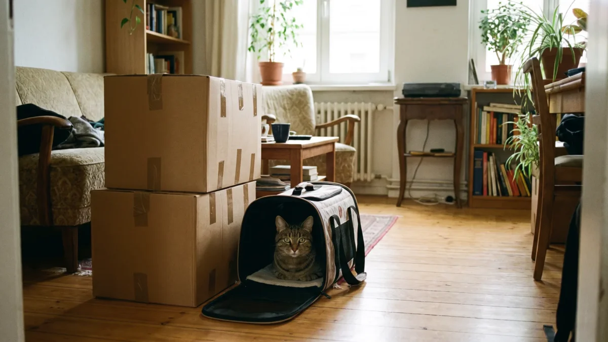 Umzug mit Hund und Katze – Katze in Transportbox