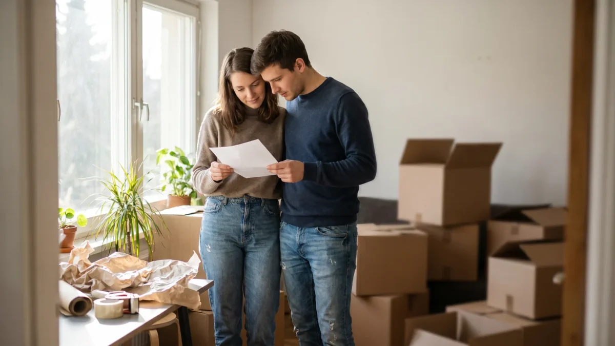 Junges Paar prüft die Wohnungsgeberbestätigung zwischen Umzugskartons