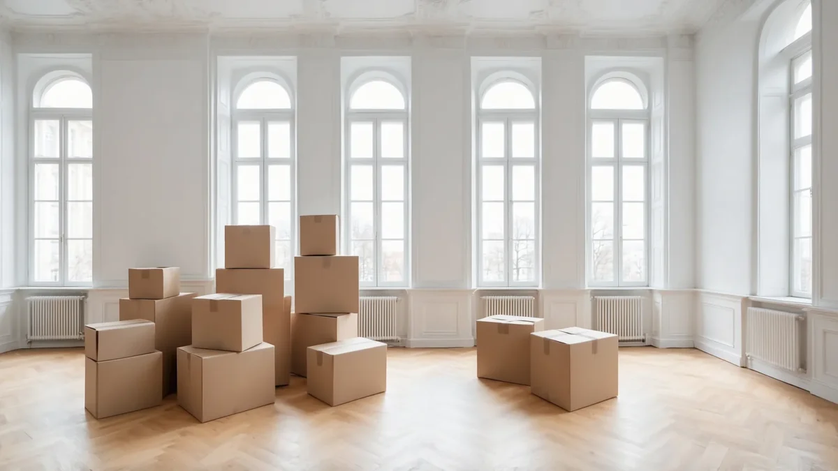 Umzugskartons in einer hellen Berliner Altbauwohnung